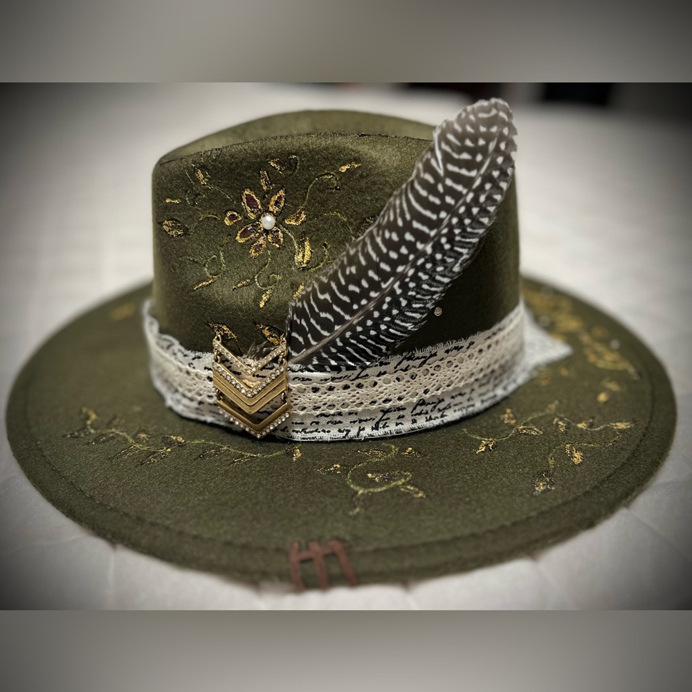 Olive Green Women's Hat with Lace Band Hand Made